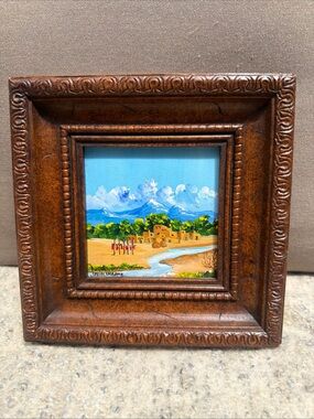 Miniature Oil Painting on Canvas Jerry Burlingame, Pueblo Desert signed framed